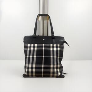 Burberry Stowell Large Black White Plaid Tote With Fuchsia Interior